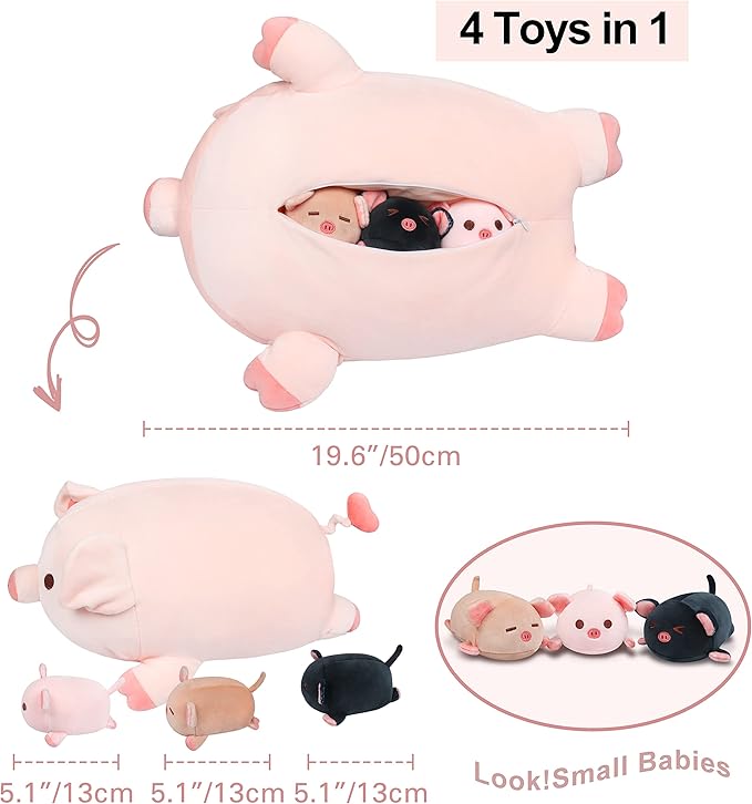 Achwishap Pig Stuffed Animal Mommy 19.6” with 3 Pig Babies Plush,4 PCS Cute Pig Plushie Pillow,Kawaii Plush Toys Soft Hugging Pillow for Kids Girls Boys Birthday Gifts for Valentines(Pink Pig Family)