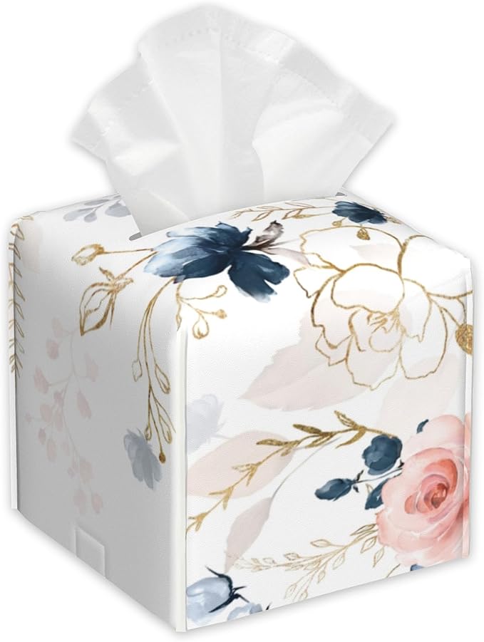 Watercolor Wildflowers Tissue Box Holder,Cube Tissue Box Cover Holder,Leather Facial Paper Organizer Dispenser Home for Bedroom Night Stands,Kitchen,Office and Car,5.2"×5.2"×5.2"