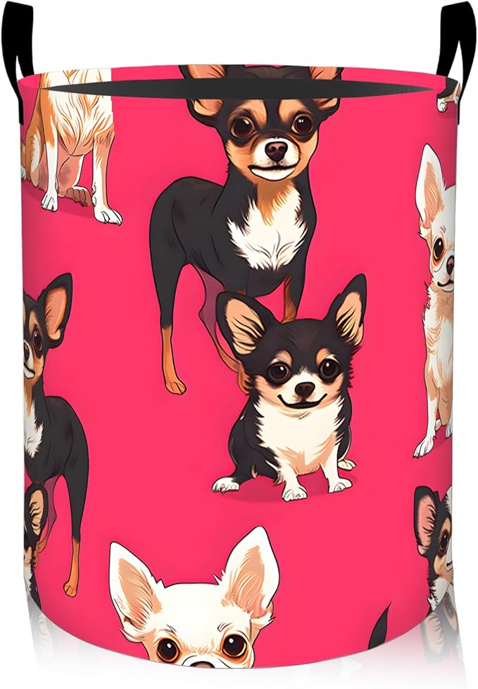 ainori Cute Chihuahua Laundry Basket, Oxford Cloth Whimsical Dog Dirty Clothes Collapsible Hamper for Room Decor, Playful Puppy Print Gifts Toy Organizer 19.7 * 15.8 Inch for Bedroom Bathroom Dorm