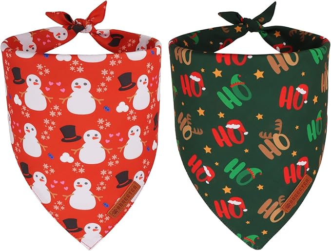 ADOGGYGO Christmas Dog Bandanas 2 Pack, Reversible Snowman Hoho Pattern Xmas Scarf, Premium Fabric, Adjustable Fit Red Green Christmas Bandanas for Small Dogs (Small)