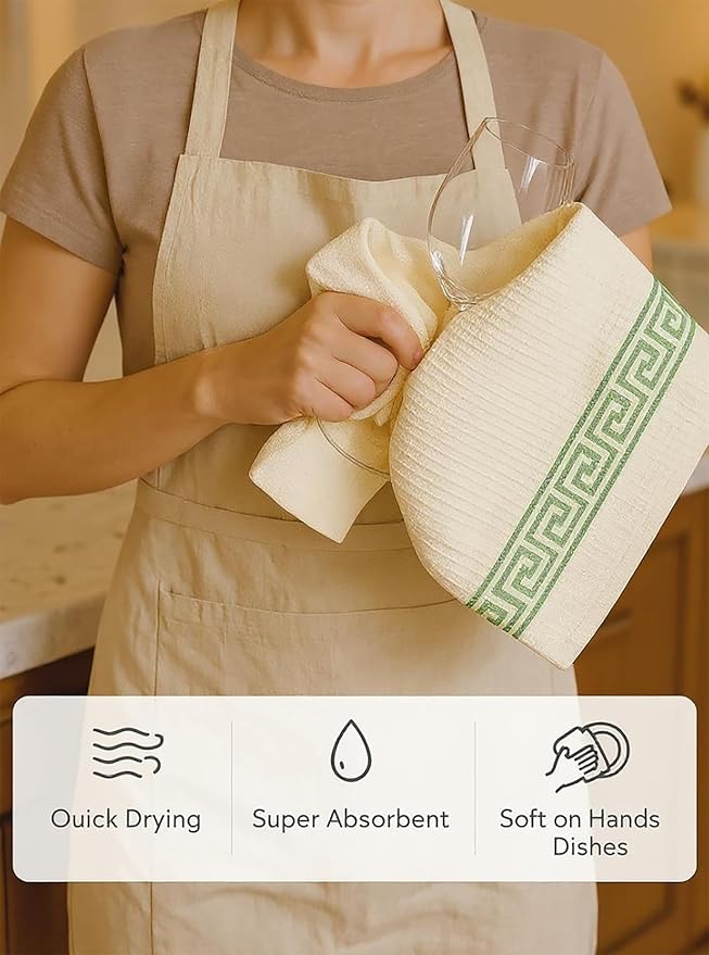 Attica Tracery Pure Cotton Kitchen Tea Towels – White Waffle Towels | Super Absorbent Kitchen Napkins | Reusable Cloths for Dishes, Counters & More - (60x38 cm, Set of 5) (White with Green Border)