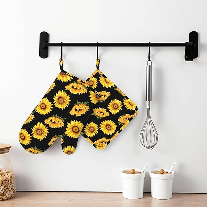 Sunflower Oven Mitts and Pot Holders Sets, Home Silicone Heat Resistant BBQ Gloves for Kitchen Baking Cooking Grilling Microwave