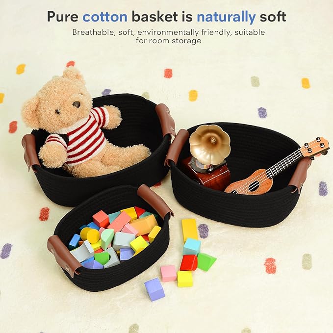 ECDYQXVU 5 Piece Storage Baskets Small Woven Basket with Detachable Leather Handle, Cotton Rope Shelf Baskets for Closet Organizers, Different Sizes Basket Decor, Black