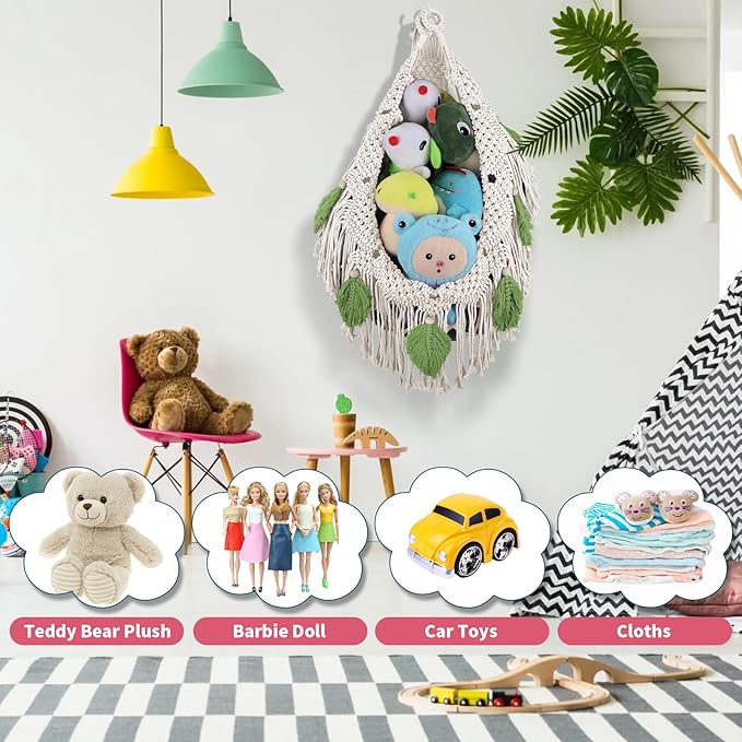 iHansee Stuffed Animal Storage Hammock Corner w/LED Star Light, 56'' Jumbo Boho Tassel Leaf Hanging Stuffed Animal Net Holder, Cream Toy Hammock Plushie Net for Kid Girls Boys Gift Nursery Decor