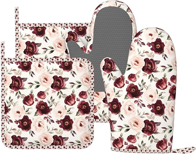 Oven Mitts Pot Holders Set Rose Flower Watercolor Floral Silicone Kitchen Gloves Potholders Heat Resistant for Chef Baking Cooking Grilling BBQ 4 Pack Mitt