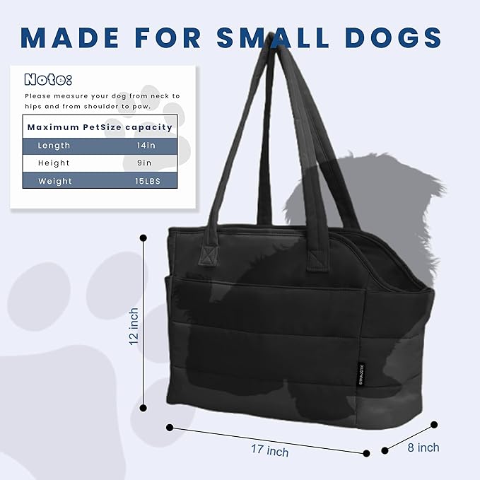 STRAODTIC Lightweight Dog Purse Carrier for Small Dogs Under 15 lbs, Puffy Quilted Pet Carrier Tote for Puppies with Safety Leash Clip, Women's Hands-Free Dog Carrier Bag for Travel/Shopping (Black)