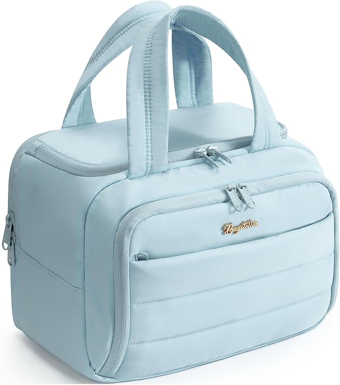 Bagstellar Travel Toiletry Bag, Lightweight Wide-open Large Puffy Toiletry Bag for Women, Quilted Makeup Bag Organizer Water-resistant Cosmetic Bag with Handle for Toiletries, Essentials, Accessories