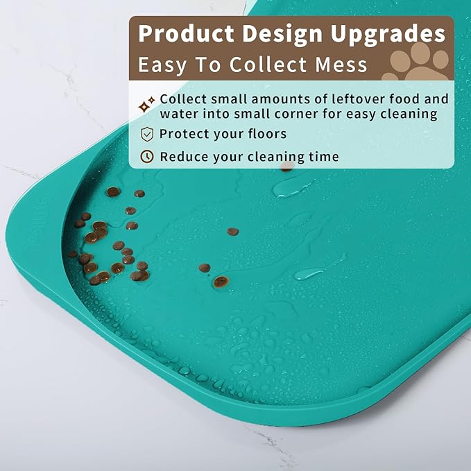 Smilool Silicone Pet Food Mat with Raised Edge for Food and Water Bowl, Dog Feeding Mats, Cat Food Trays for Floor Waterproof, Rubber Tray for Dogs and Cats, 17 x 12 x 0.7 Dark Turquoise