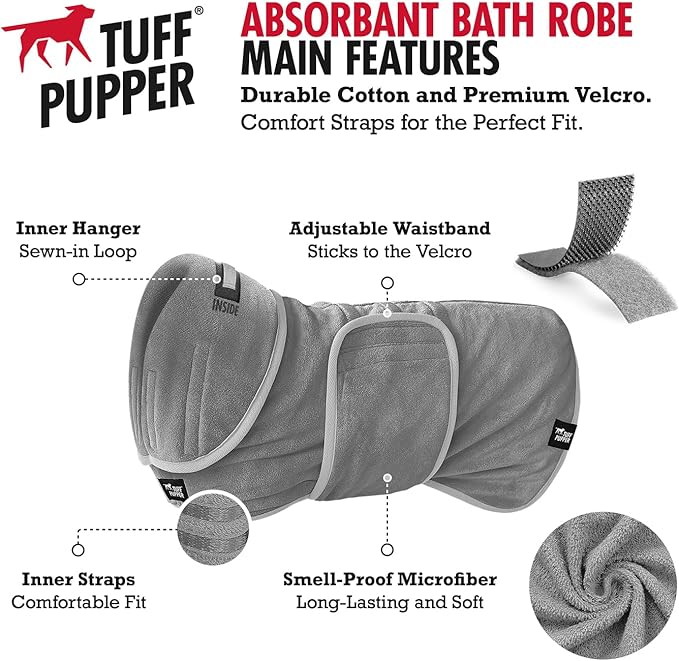 Tuff Pupper Fast Drying Dog Bath Robe | 800 GSM Plush Dog Towel Bathrobe/Dressing Gown | Super Absorbent Pet/Puppy Bathrobe | Adjustable Hood & Belly Strap | Super Soft | Fast Drying (XL, Gray)