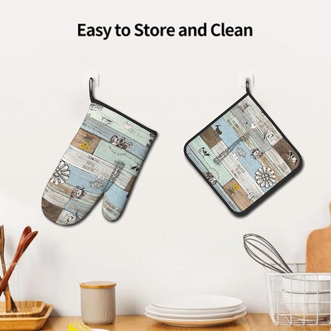 Farm Animal Oven Gloves and Pot Holders Rustic Barn Teal Green Brown Heat Resistant Kitchen Oven Gloves Hot Pan Pads 2 Piece Farmhouse Kitchen Mitts Pan Mat for Cooking Grilling Baking