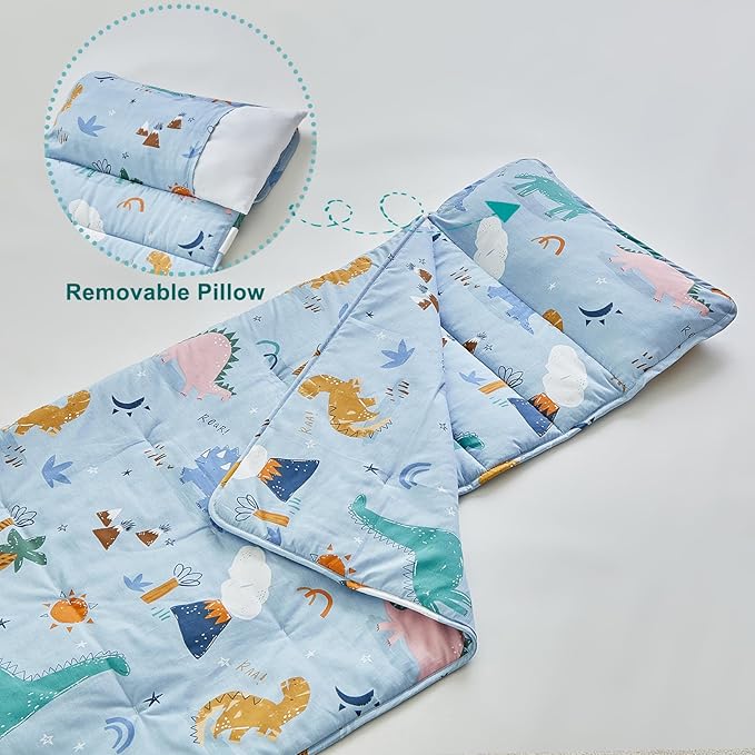 DuShow Cotton Toddler Nap Mat Dinosaur,Roll Up Slumber Bags for Boys,Toddler Nap Mat with Removable Pillow, Kids Sleeping Mat for Daycare and Preschool Kindergarten-Blue ﻿