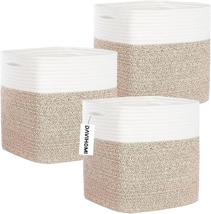 DAVIHOMI Storage Cubes 11 Inch Cotton Rope Woven Storage Basket for Organizing 3 Pack | Storage Bins for Organization and Storage | Toy Storage Organizer | Basket for Shelves | Toy Bins（Brown）