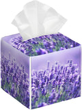 BLYKVGHQ Lavender Flowers Tissue Box Cover Square, Tissue Box Holder with Bottom Belt Leather Facial Paper Organizer Dispenser for Bathroom Bedroom Dresser Night Stand Tabletop