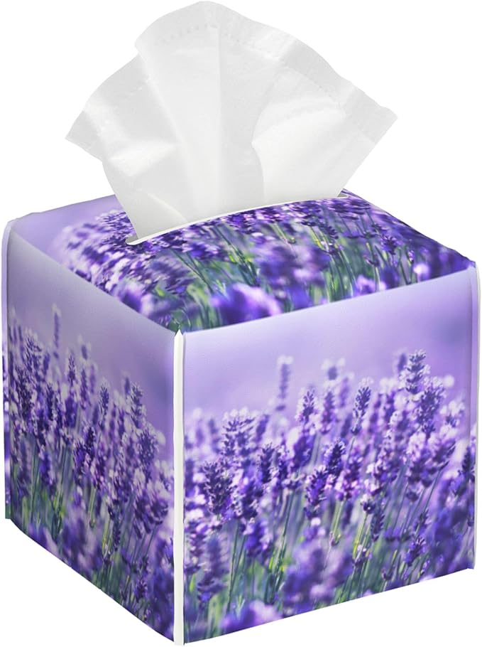 BLYKVGHQ Lavender Flowers Tissue Box Cover Square, Tissue Box Holder with Bottom Belt Leather Facial Paper Organizer Dispenser for Bathroom Bedroom Dresser Night Stand Tabletop