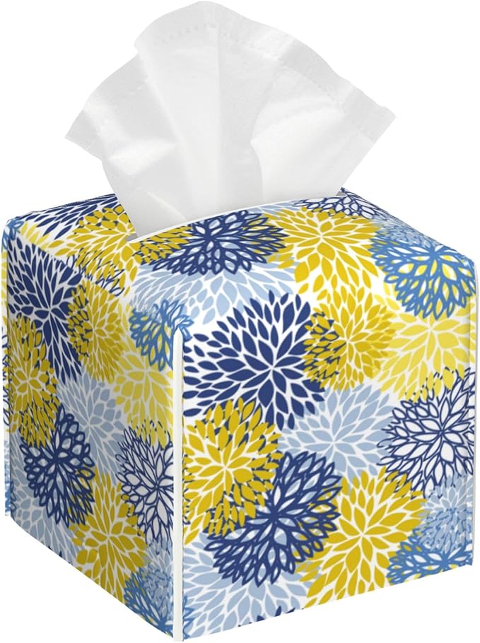 POIUBLE Yellow and Navy Chrysanthemum Flower Tissue Box Cover Leather Tissue Box Holder Square Facial Paper Organizer Dispenser for Bathroom Kitchen Bedroom Vanity Countertop Night Stands
