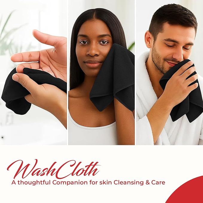 RIVERSIDE 12 Pack Washcloths - 12x12 Inches, 500 GSM, 100% Ring-Spun Cotton - Soft, Absorbent & Durable Face and Body Towels - for Bathroom, Spa, Gym, Makeup Removal & Everyday Use - Black