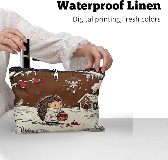 Cafl Hedgehog Winter Snow Makeup Bag Travel Large Cosmetic Bag Organizer toiletry Essentials Jewelry Zipper Bag Gift For Women -10×8 inch