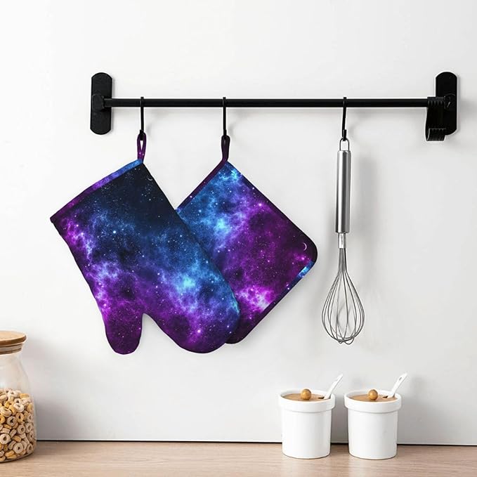 Galaxy Oven Mitts and Pot Holders Set of 4 Silicone Blue and Purple Galaxy Kitchen Mitten Gloves and Non-Slip Universe Theme Potholders Set Heat Resistant Oven Gloves Hot Holders for Kitchen