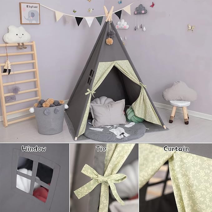 TreeBud Teepee Tent for Kids Stripe Padded Mat Foldable Dark Tone Grey Play Tents for Girl and Boy with Carry Case Wooden Pole Printing Canvas Tepee Playhouse for Child Indoor Outdoor