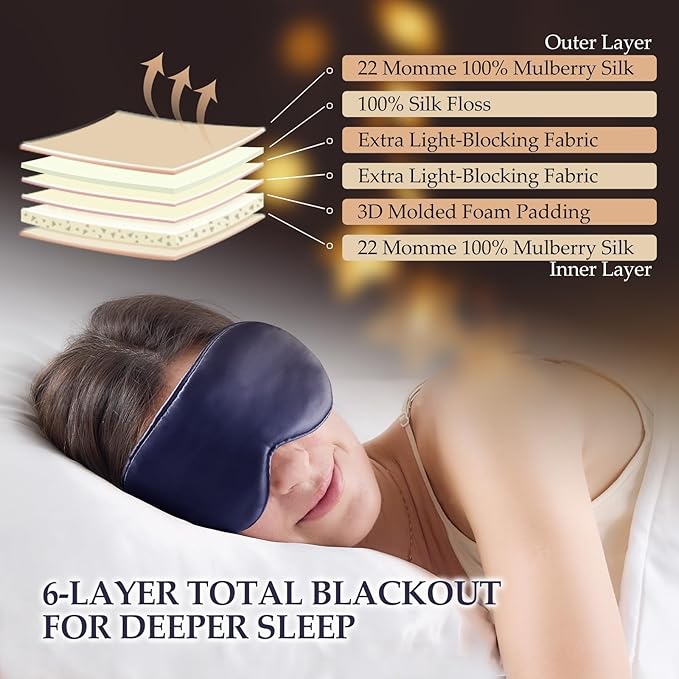 SGMSILK 100% Mulberry Silk Sleep Mask for Unisex, 22 Momme 3D Silk Contoured Eye Mask, Breathable Light Blocking Blindfold with Adjustable Strap, Blackout Eye Cover for Travel, Blue