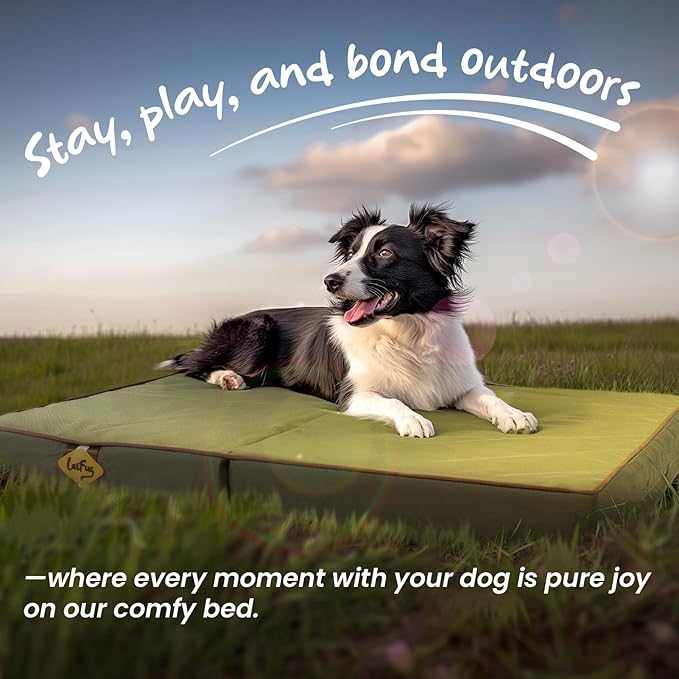 Laifug Foldable Waterproof Dog Bed for Large Dogs - Outdoor Orthopedic Dog Bed with Washable Removable Cover, Pet Mattress with Handles, Army Green, (44 x 32 x 3.5, inches)