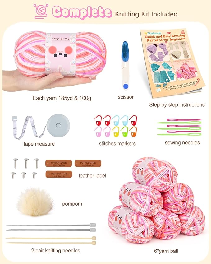 Katech Beginner Knitting Kit for Adults - Learn to Knit with Step-by-Step Instructions - Complete Hat, Scarf, Gloves Starter Kit（Colorful）