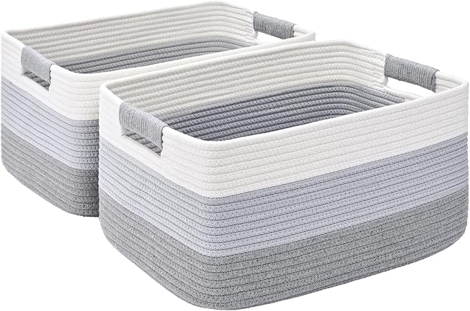 2 Pack Large Storage Basket for Organizing, 17.5"x13.5"x7.5" Woven Basket for Shelves, Closet Cube Storage Bins with Wrapped Handle, Cotton Rope Baskets for Kitchen, Clothes, Toys(Gradient Grey)