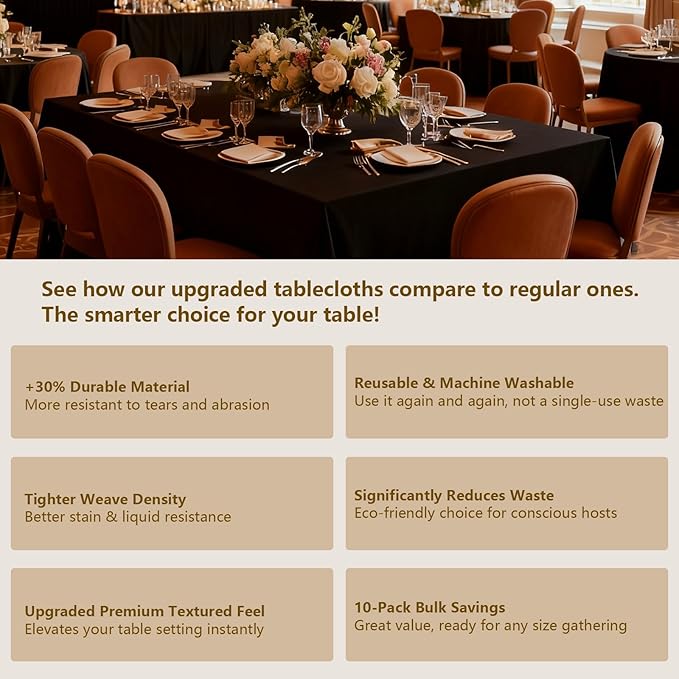 Black Tablecloths Rectangular 10-Pack, 60x126 Inch Table Cloth for Rectangle Tables - Polyester Fabric Tablecloth, Reusable & Washable Table Cover