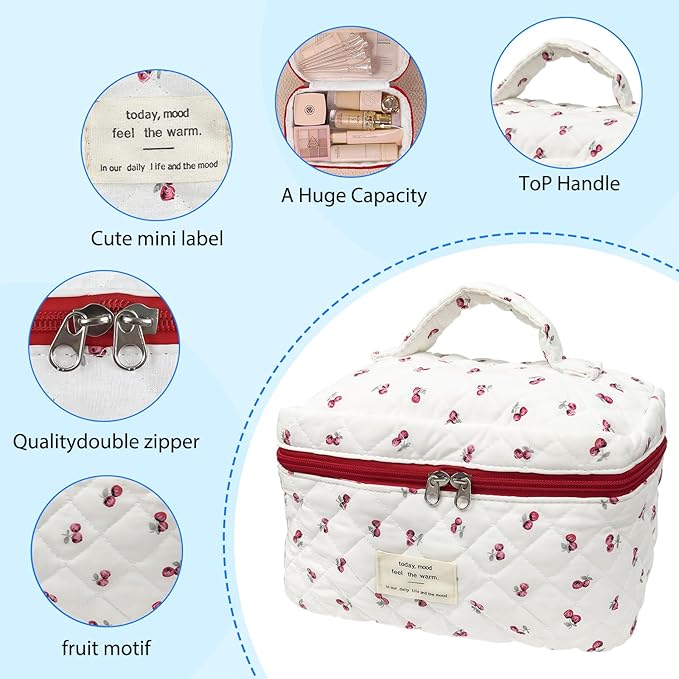 Cozomga Quilted Makeup Bag, Large Capacity Travel Cosmetic Bag for Women and Girls, Aesthetic Storage for Daily and Travel Use (Bigcherry Quilted)