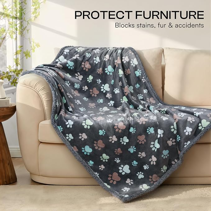 Luciphia Waterproof Pet Blankets for Couch Sofa Bed Cover Cat Liquid Pee Proof Washable Soft Fluffy Large Dog Blanket Reversible Furniture Protection Puppy Grey Paw Thicken King Size（100" x 85"）