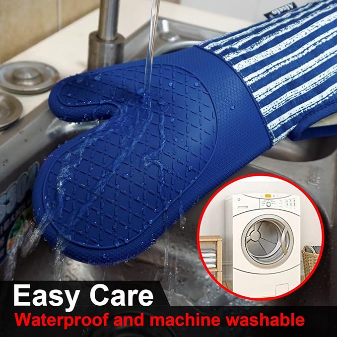 Silicone Oven Mitts Heat Resistant 932℉ with Waterproof & Non-Slip Kitchen Mittens, Set of 2 Extra Long Oven Gloves with Soft Cotton Terry Lining for Baking Cooking Barbecue (Cobait Blue, 2)