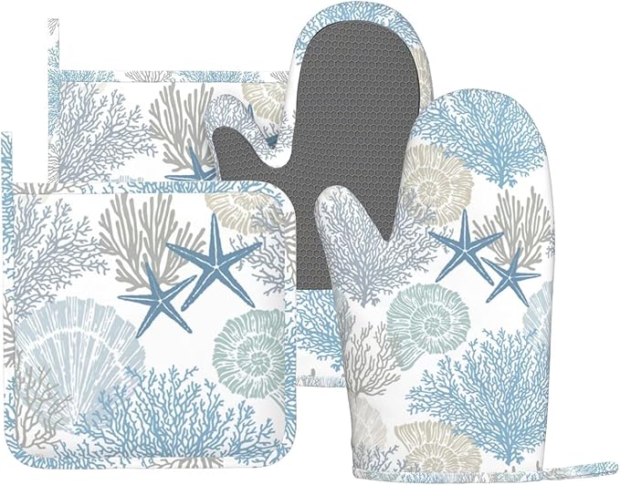 Nautical Coastal Oven Mitts and Pot Holders Set, 4pcs Silicone Starfish Seashell Coral Beach Themed Oven Glove for Kitchen Heat Resistant Oven Mitts and Non-Slip Potholders Blue White