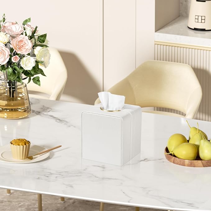 Cretkhp Luxury Square Tissue Box Cover, PU Leather Tissue Box Holder with Magnetic Closure and Gold Decorative Grommets for Bathroom Bedroom, Decorative Elegant Cube Tissue Holder (Cream)
