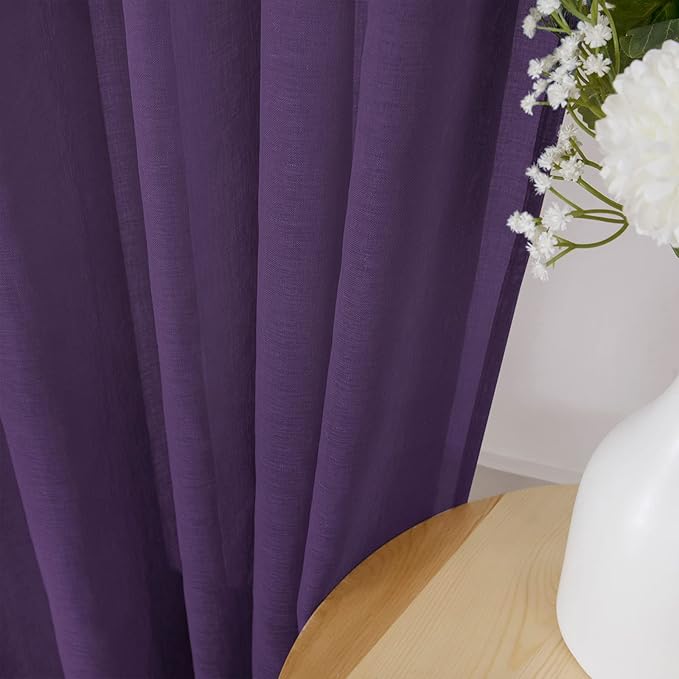 Tollpiz Short Sheer Curtain Living Room Linen Textured Curtains Sheer Light Filtering Voile Rod Pocket Curtain for Bedroom, 38 x 54 inches Long, Royal Purple, Set of 2 Panels