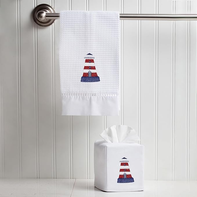 Jacaranda Living Square Tissue Box Cover, Linen/Cotton Fabric Tissue Holder, Decorative Cloth Tissue Cube Cover, Coastal Designs Lighthouse (Red/White)