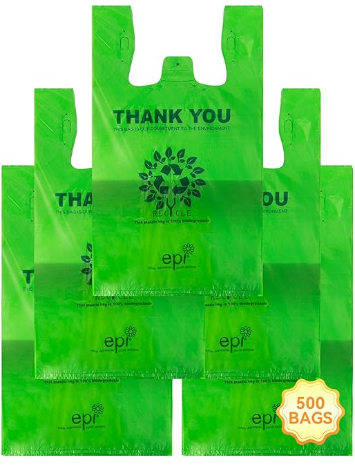 [500 per box] | Recyclable Compostable Reusable Biodegradable Plastic T-Shirt Bags | Grocery Shopping Bags | Green Eco Plastic Bags (500 per box) | T-Shirt Carryout Bags 500 count Restaurant Quality, Durable, Reusable and Econ Friendly | Measures 11. 5...