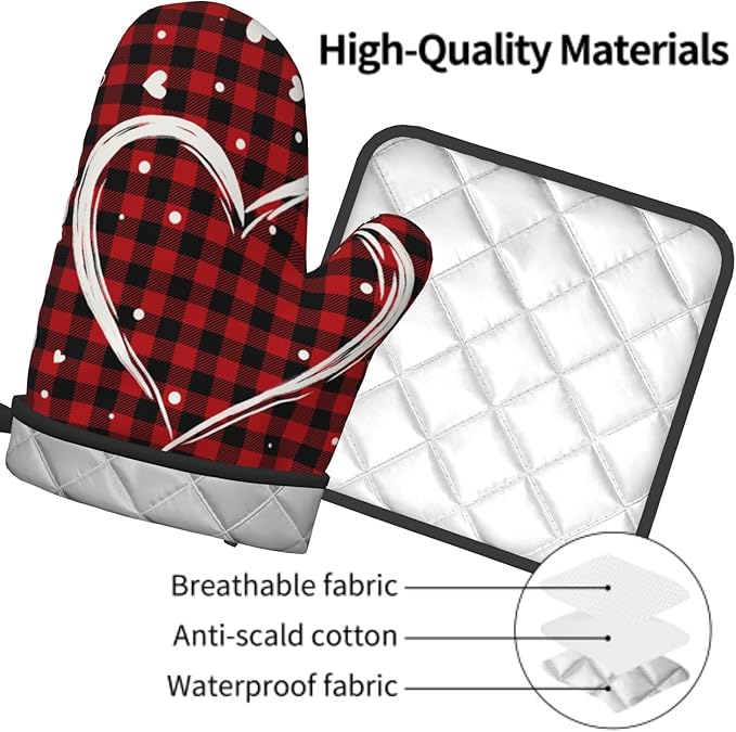 Buffalo Plaid Love Hearts Oven Mitts and Pot Holders Set of 2，Black Red Heat Resistant Kitchen Gloves Hot Pads Farmhouse Accessories Gift Gloves Potholders for Cooking Grilling and Baking