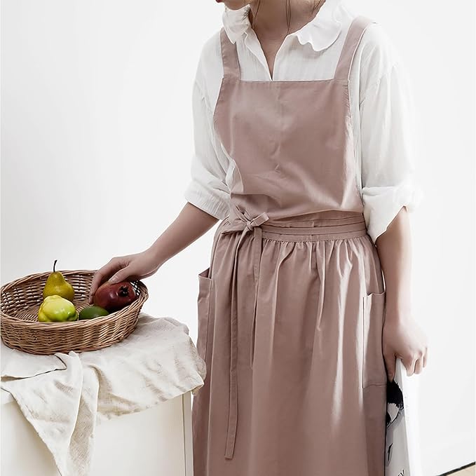 ODIZLI Frill Apron for Women Cotton Cross Back Vintage Ruffle Apron for Garden Cooking Aprons