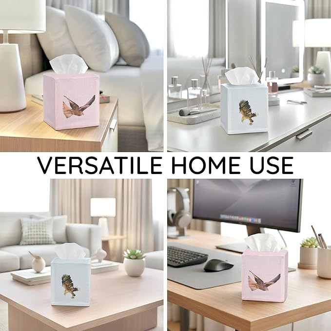 EmbroideryLinen.VN Tissue Box Cover Set of 2, Square Linen Tissue Holder, Printed Animal Pattern, 4.5x4.5x5.5 Inches, Decorative Holder for Bathroom, Living Room, Office (Eagle)