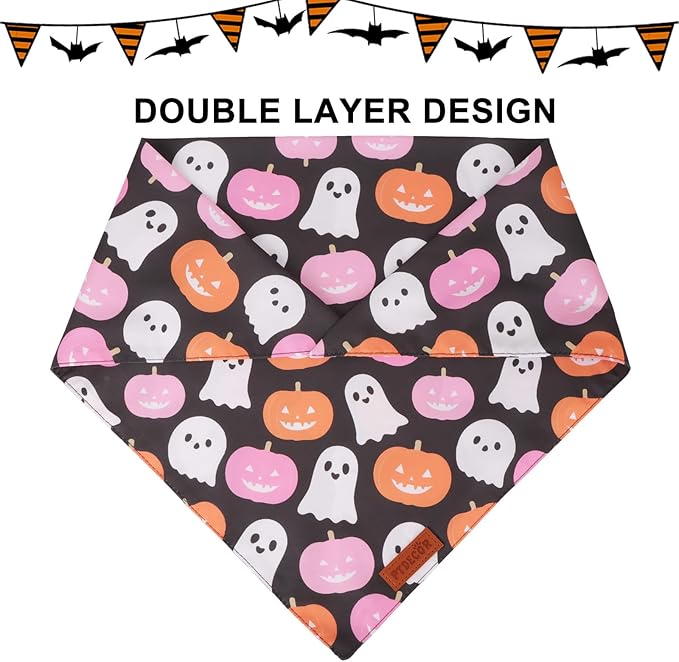PTDECOR Halloween Dog Bandana, Cute Ghost Pumpkin Design Reversible Holiday Pet Scarf, Premium Durable Fabric, Adjustable Pink Black Halloween Bandanas for Small Dogs Puppies Cats(Small)