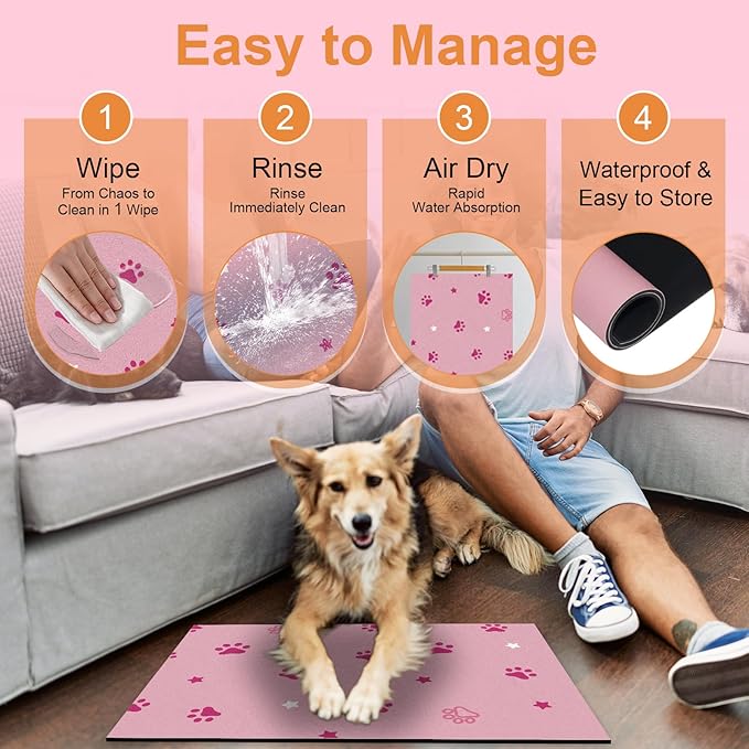 Pet Feeding Mat 12"x20"- Absorbent Dog Mat, Small Pet Food Mat, Rubber Pet Food Mat, Pet Food Mats for Floor Waterproof, Dog Water Matt for Sloppy Drinker, Cat Food Bowl Mat, Pink