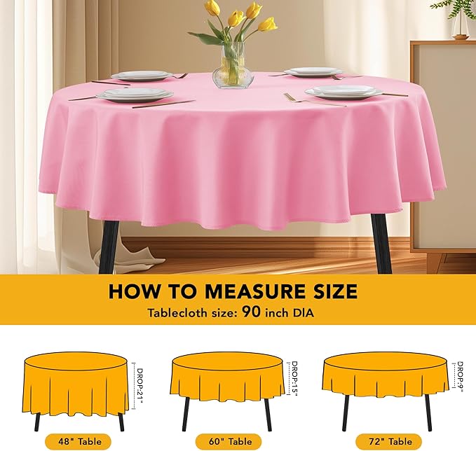 10-Pack Pink Round Tablecloths, 90 Inches, Stain-Resistant Polyester for 4-5 Ft Round Tables - Washable Table Covers for Weddings, Banquets, Birthday Parties, Events