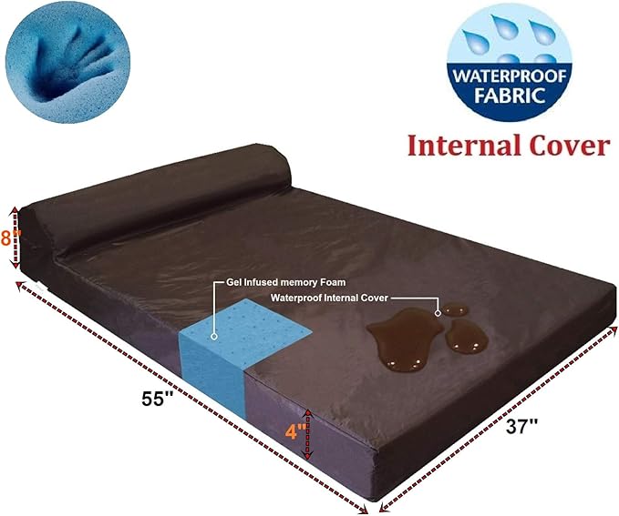 Dogbed4less Premium HeadRest Pillow Orthopedic Cool Memory Foam Dog Bed for Large Dogs, Waterproof Lining with Washable Suede Brown Cover, XXL 55X37