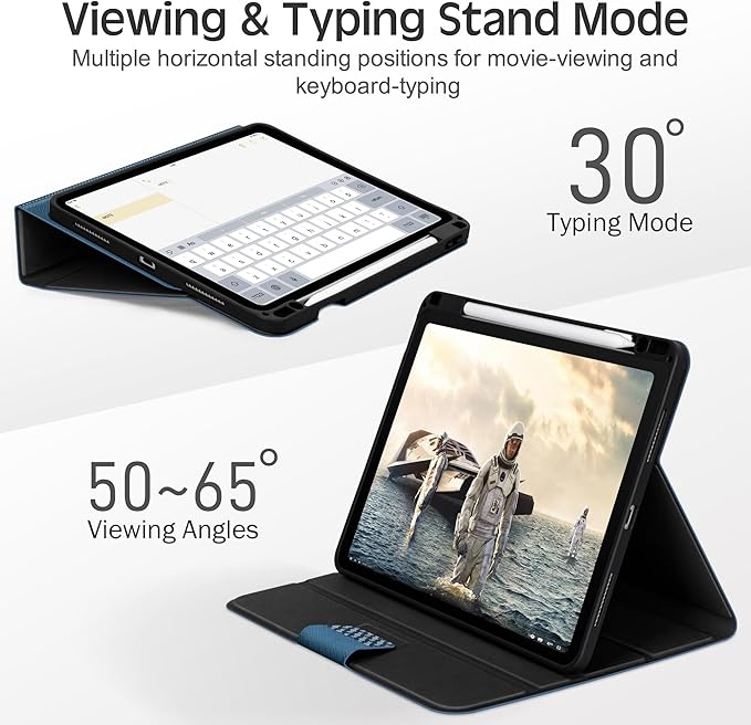 KingBlanc Case for iPad Pro 13-inch (M5 2025, M4 2024) with Built Pencil Holder, PU Leather Smart Stand Cover, Auto Sleep/Wake, Supports Pencil Pro/Pencil (USB-C), Multi-Viewing/Drawing Angles, Blue