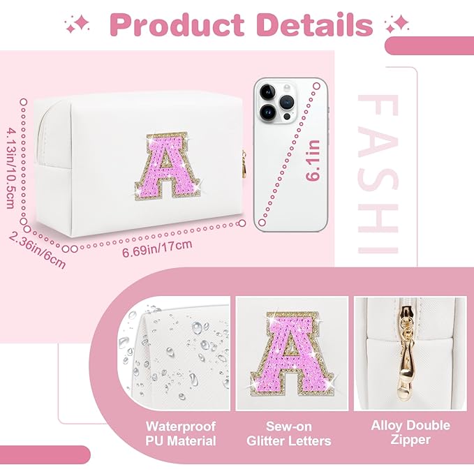 Small Initial Patch Makeup Bag Personalized Gifts Make Up Bag,White Cute PU Leather Glitter Letter Cosmetic Bag with Zipper,Trendy Portable Travel Toiletry Pouch,Preppy Stuff for Teen Girls Women A