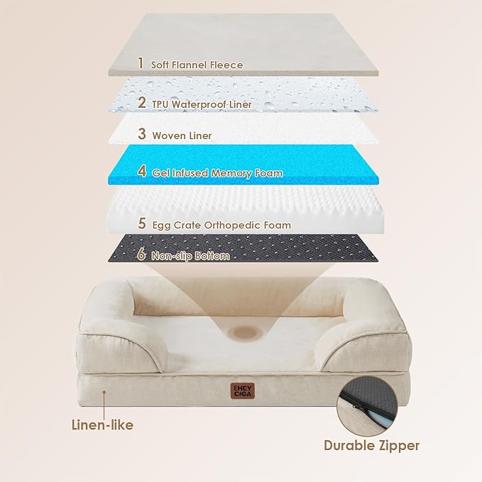 EHEYCIGA Orthopedic Dog Beds for Extra Large Dogs, Waterproof Memory Foam XL Pet Bed with Sides, Non-Slip Bottom and Egg-Crate Foam Big Dog Couch Bed with Washable Removable Cover, Beige