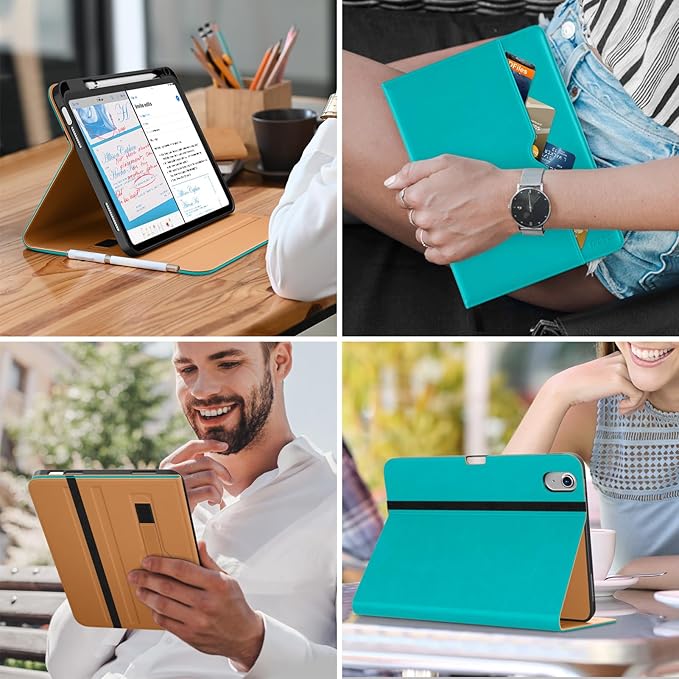DTTO for iPad (A16) 11th Generation Case 11 Inch 2025, iPad 10th Generation Case 10.9 Inch 2022, Premium Leather Business Folio Stand Cover with Pencil Holder - Auto Wake/Sleep, Cyan Blue