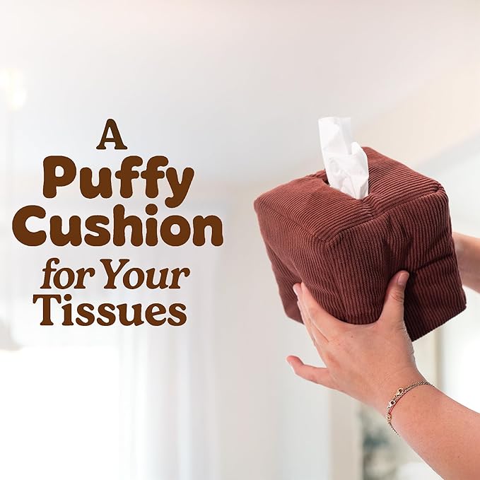 TOGI Corduroy Tissue Box Cover - Soft & Puffy Cube Design Adds a Warm, Cozy Touch - Soft Tissue Box Cover Square Fits Standard Square Boxes from Everyday Brands - Cozy Home & Office Decor - (Brown)