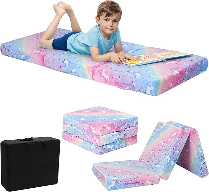 MeMoreCool Foldable Floor Mattress for Kids, Glow Star Trifold Mat, Kids Folding Mattress Portable Futon, 57x22 Inch Colorful