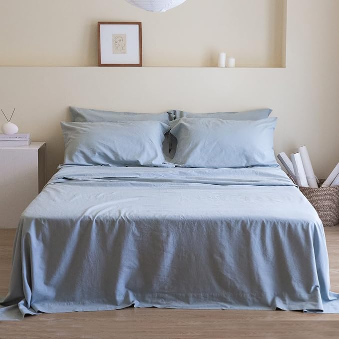 Simple&Opulence Belgian Linen Sheet Set Solid Color - 6 Pieces (1 Flat Sheet & 1 Fitted Sheet & 4 Pillowcases) 16" Deep Pocket Natural Flax Cotton Blended Soft Bedding - Dusty Blue, Queen Size